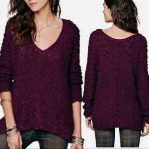 Free People Purple V-Neck Songbird Boucle Knit Oversized Pullover Sweater